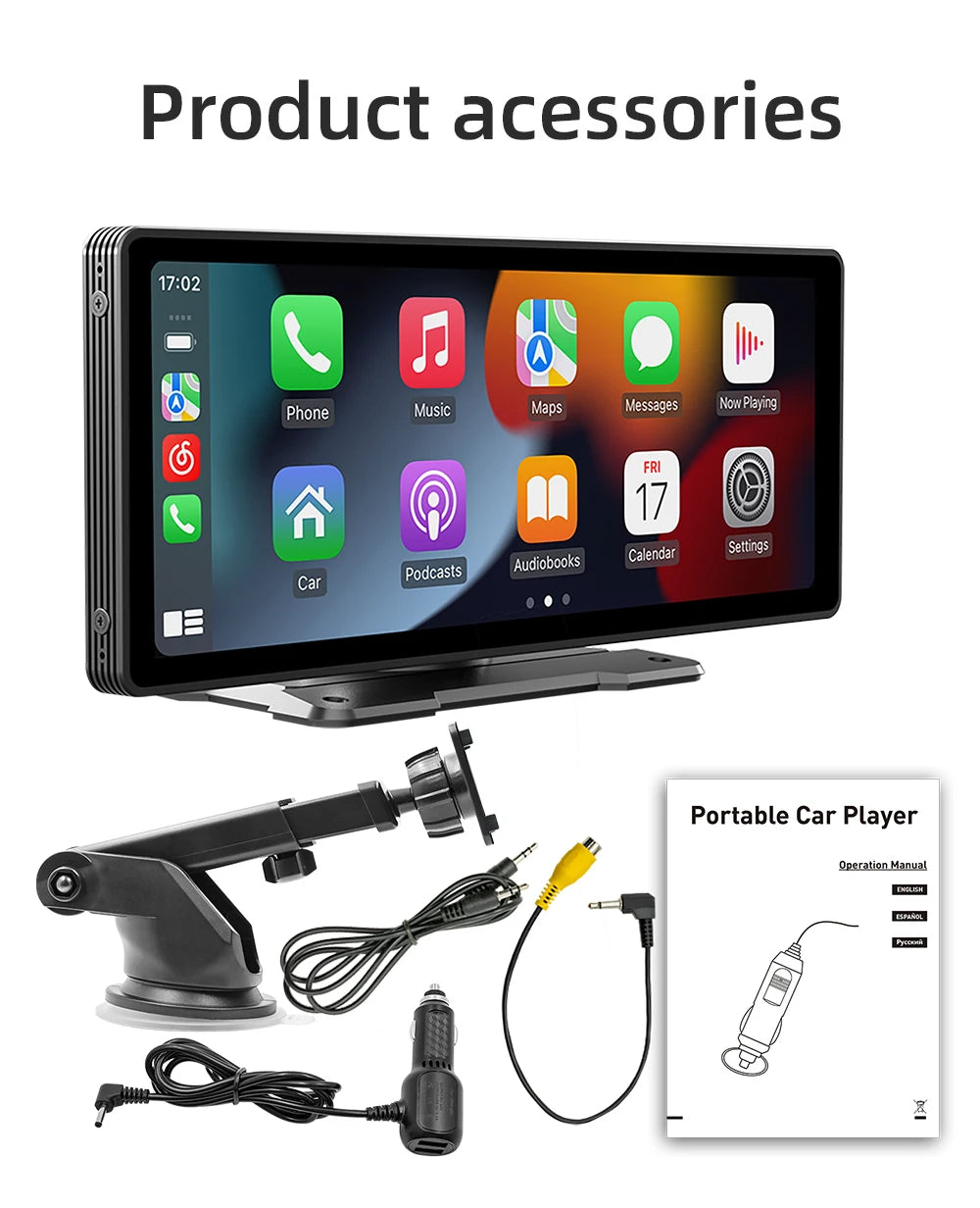 BQCC 10.26 Inch Portable Wireless Carplay Screen HD Rear Reversing Camera Car Radio DVR MP5 Multimedia Video Player Android Auto
